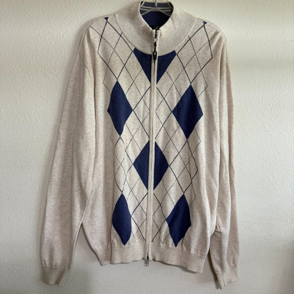Cleveland Classics Sweater Men's Large Cream Blue Argyle Print Full Zip Cardigan